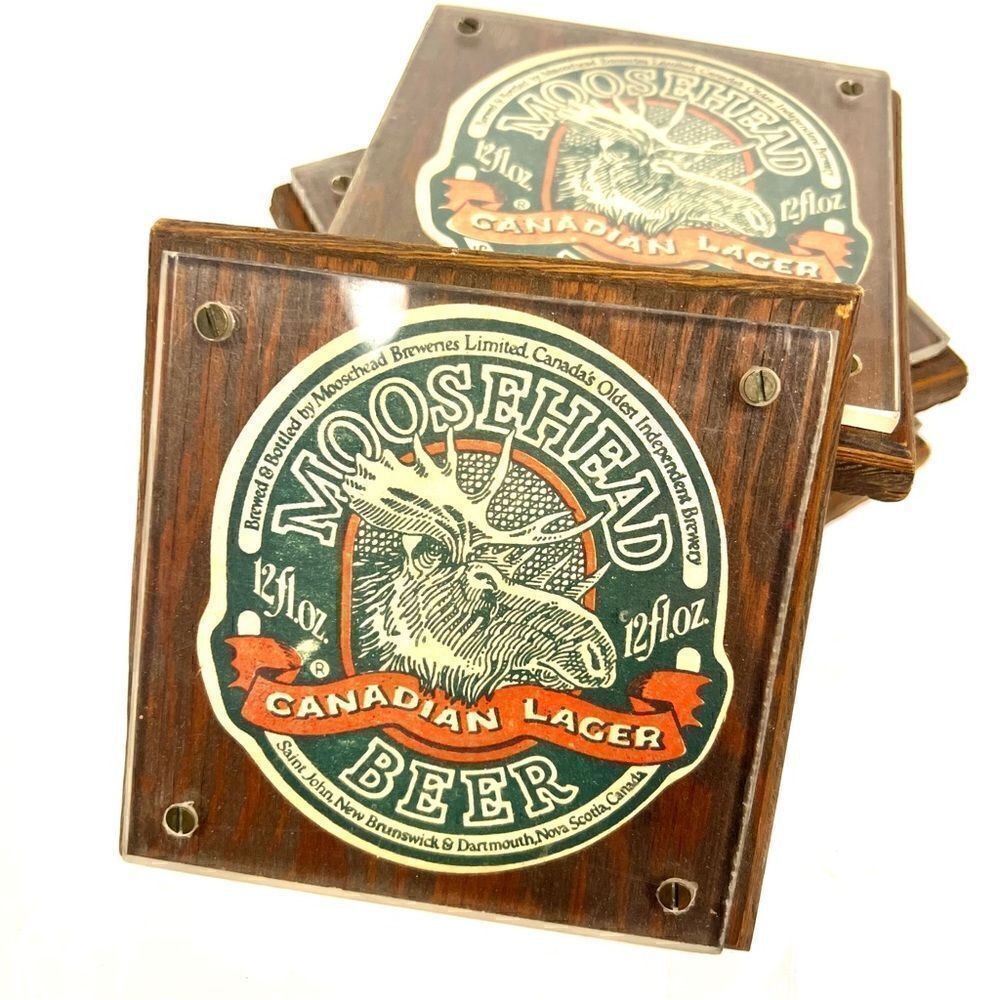 Wood drink coasters Moosehead Canadian lager beer set of 5